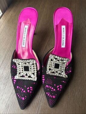 Manolo Blahnik Pink/Black Satin and Lace Borli Crystal Embellished Mules Size 40